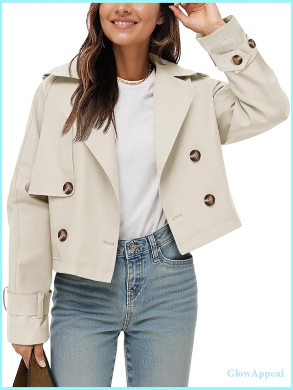 Cropped Trench Coat Double Breasted Lapel Jacket Lightweight Windbreaker